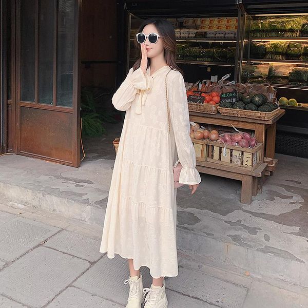 

maternity dresses pregnant women cotton jacquard dress flare long sleeve bow collar sweet ruffles patchwork pregnancy maxi, White