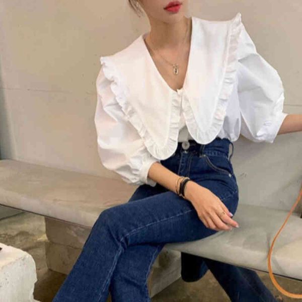 

nomikuma korean style shirts women solid color big turn down collar short sleeve blouse camisas single breasted blusas 210514, White