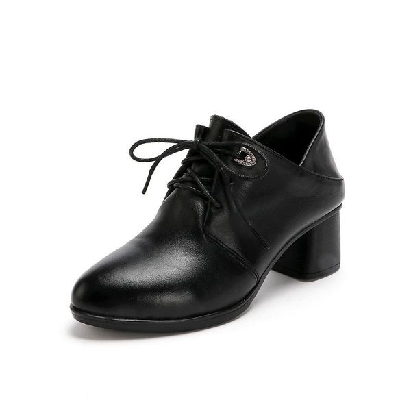 

dress shoes women pumps casual lady genuine leather square heels woman high heeled pointed toe slip-on ladies, Black