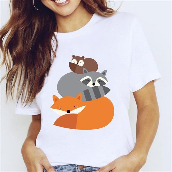 

graphic fox short sleeve womens t shirt trend style cartoon 90s animal clothes clothing tees print female, White
