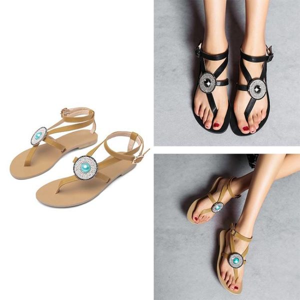 

european women flat beach sandals beads crystal thong flip flops t tied casual comfort girls shoes big size 43, Black