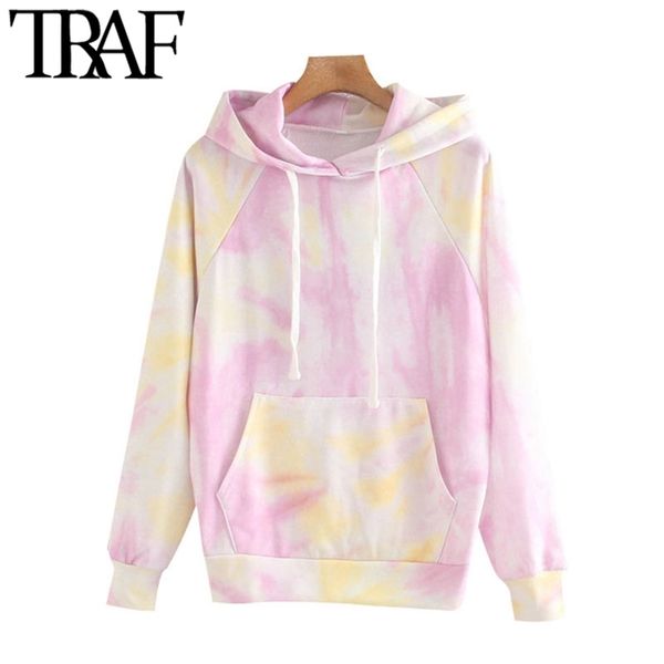 

women fashion tie dye print loose hoodies vintage long sleeve pockets streetwear female pullovers chic 210507, Black