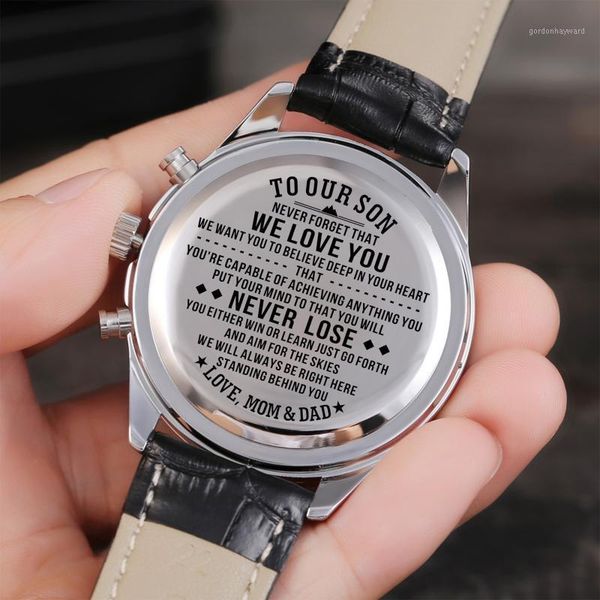 

wristwatches to my son always remember you are braver dad and mom sends a luxury sports carved watch, Slivery;brown