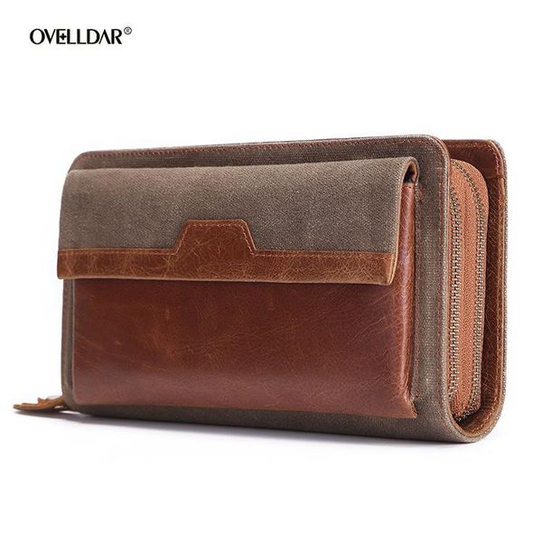 

men's waterproof oil wax pibula chain bag long genuine leather card head layer cow clutch multifunctional wallets, Red;black