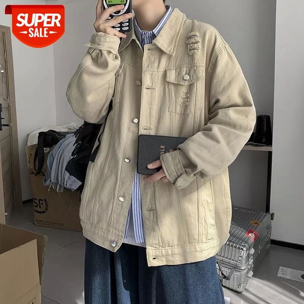 

2021 men's solid color holed casual denim jacket lapel collar high-quality coats fashion trend male outerwear plus size -2xl #wh6g, White;black
