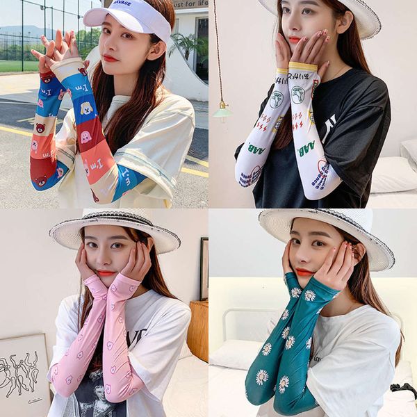 

ice silk sleeves elegant style female print silk glove driving sunscreen net red ice sleeve