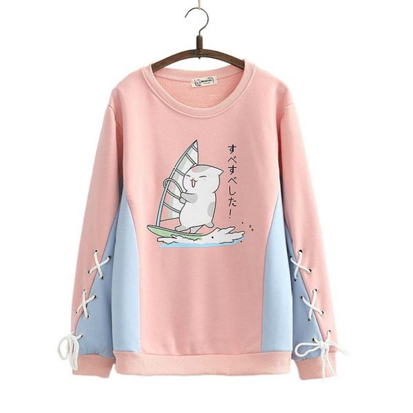 

women's hoodies & sweatshirts fleece plus velvet for teen girls cartoon print o-neck 2021 winter thick cute pullover tracksuits, Black