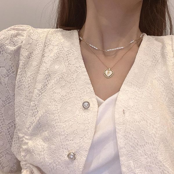 

ins retro natural pearl necklace fashion double-layer titanium steel clavicle chain female temperament korean net red heart-shap chains, Silver