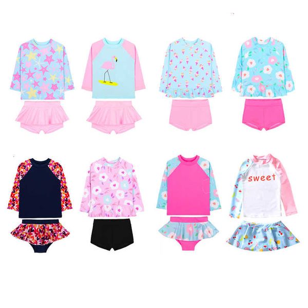 Costume da bagno per bambina in due pezzi a maniche lunghe Upf50+ Costume da bagno Rash Guard Costume da bagno per bambini Costume da bagno protettivo UV