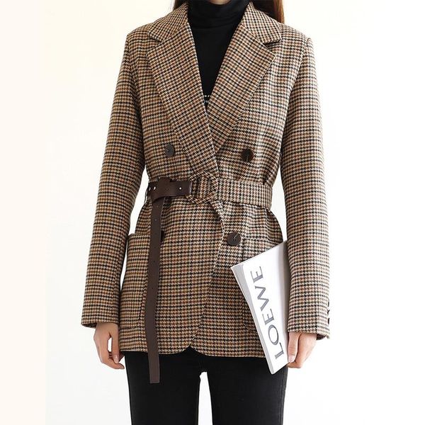 

women's suits & blazers bgteever vintage houndstooth women blazer sashes double-breasted plaid female suit jacket long sleeve pockets b, White;black