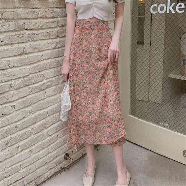 

vintage purple floral print ruffle pleated long skirts summer women korean drawstring elastic waist midi 210529, Black
