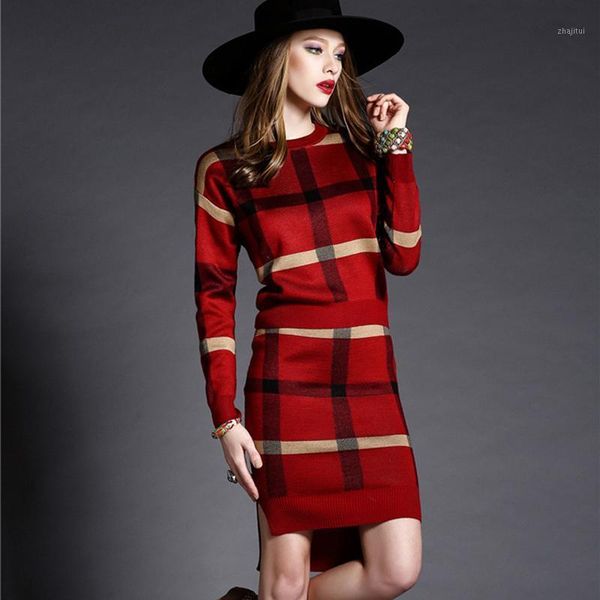 

two piece dress autumn fashion women knit long-sleeved round neck plaid sweater + bodycon skirt slim two-piece set, White