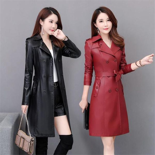 

women's leather & faux autumn winter jacket plus size korean medium length lapel womens coat slim pu windbreaker jackets overcoat, Black
