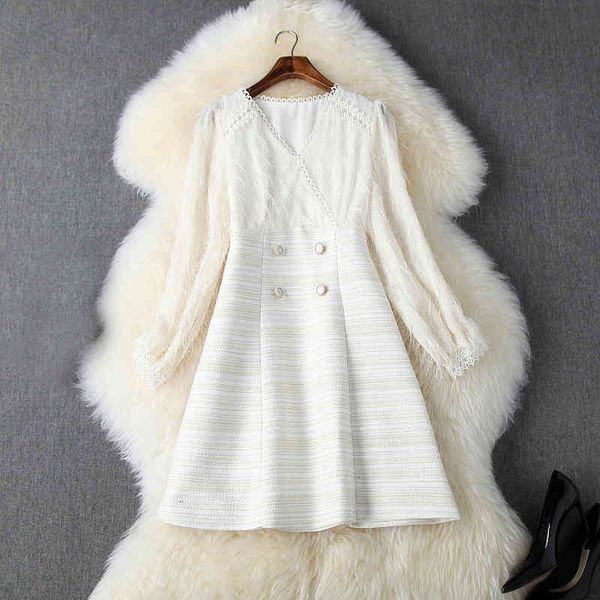 

casual dresses autumn winter ivory long sleeve v neck striped print tweed panelled buttons short mini dress & fashion n11t10419 ydec, Black;gray