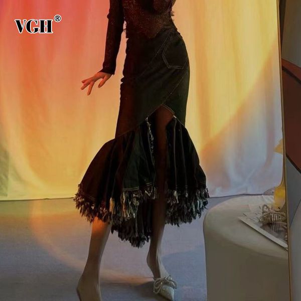 

vgh vintage blue denim skirt for women high waist patchwork ruffle irregular hem mermaid female summer fashion clothes 210421, Black