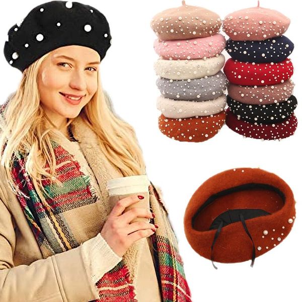 

berets 2021 arrivals winter warm french pearl rhinestone beret hat vantage beanie caps solid color casual for women girl, Blue;gray