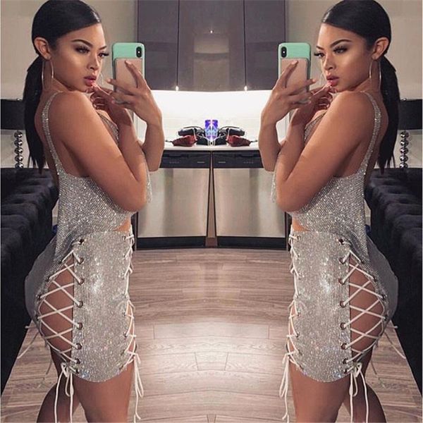 

skirts women rhinestone hollow out celebrity mini skirt luxury lace up crystal diamonds solid stitching party night club, Black