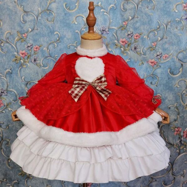 Inverno crianças vestidos espanhol menina grosso vermelho lotia vestido bebê manga comprida bola vestidos de esferas de lã ano novo natal roupa 210615