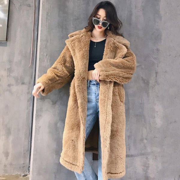

winter womens long coats fashion solid lapel collar outerwear female casual loose fit thick warm overcoat women's fur & faux, Black