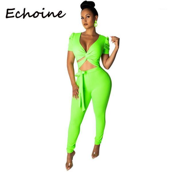 

echoine fashion women set two piece short + long pant deep sleeve v-neck open up bandage 2 outfits for women's tracksuits, Gray