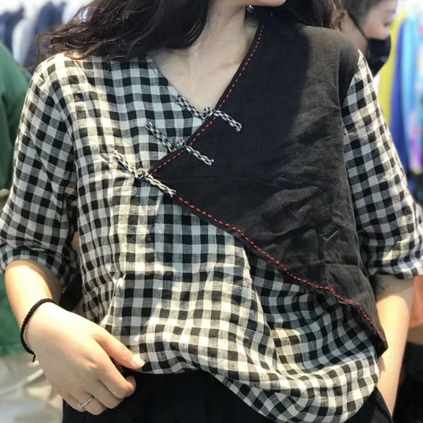 

women's t-shirt summer arts style women short sleeve loose v-neck t-shirt vintage patchwork cotton linen plaid tee shirt femme top, White