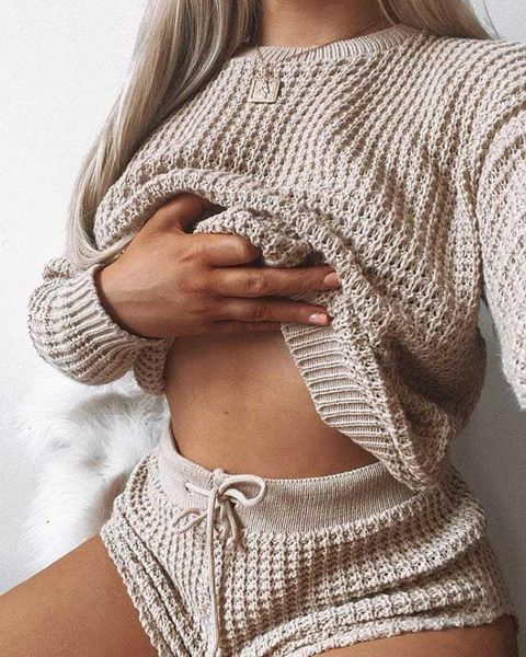 

women's tracksuits 2021 summer fashion casual round neck long sleeve shorts sweater two-piece knitted suit, Gray