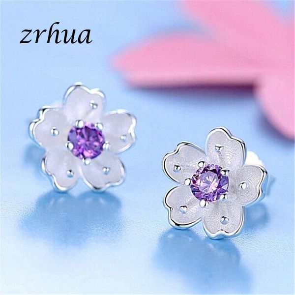 

stud zrhua 925 sterling silver earrings zircon flower luxury for women brincos pendientes white/pink/purple jewlery, Golden;silver