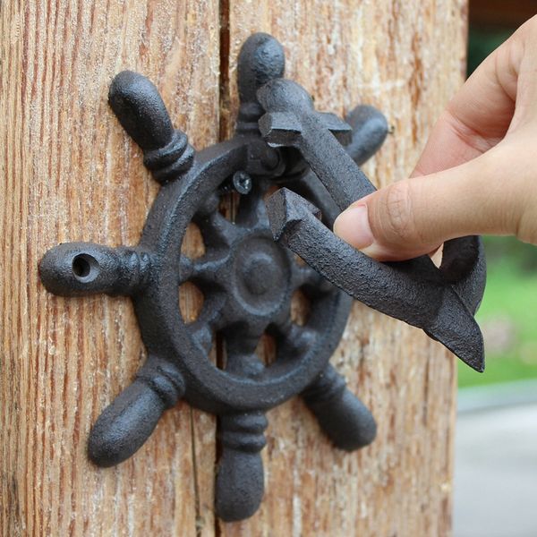 2 pezzi Battente per porta in ghisa Ruota per navi Decorazione per cancello Retro Rustico Chiusura per porta Antico Vintage Mare Stile marino Decorazione per la casa Artigianato in metallo Ornamento marrone