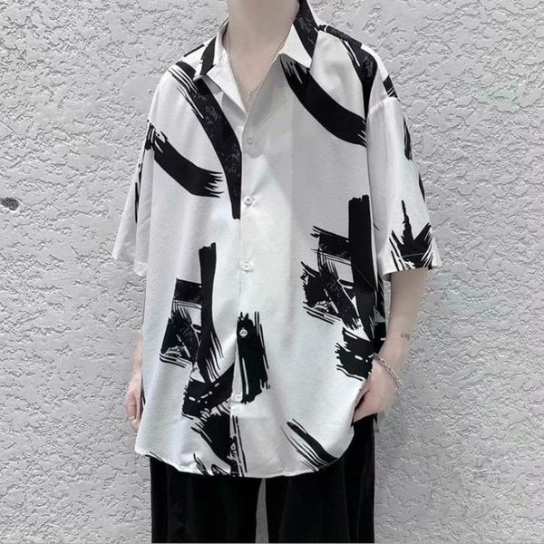 

men's casual shirts men short sleeve lapel printed shirt mens korean style loose trend 2021 summer hawaiian holiday camisa, White;black