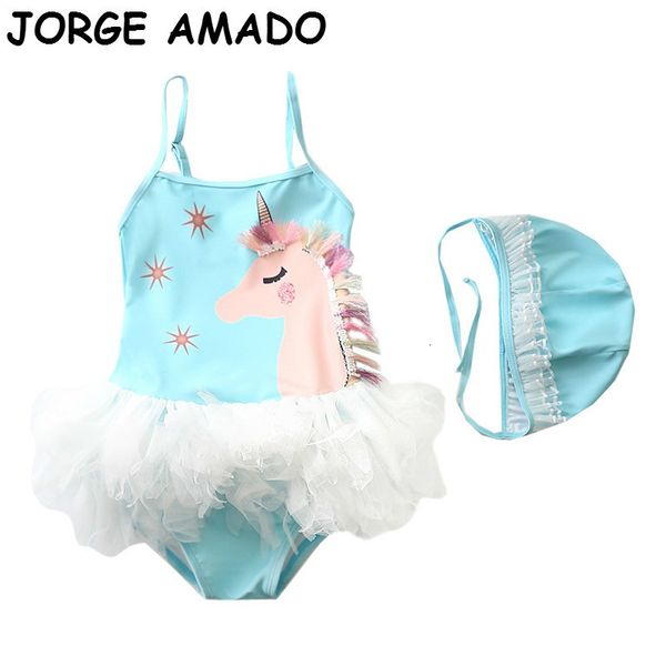 

one-pieces baby girls swimming wear unicorn caroon one piece swimsuits with hat children fashion swimwear e2307 ajoq, Black