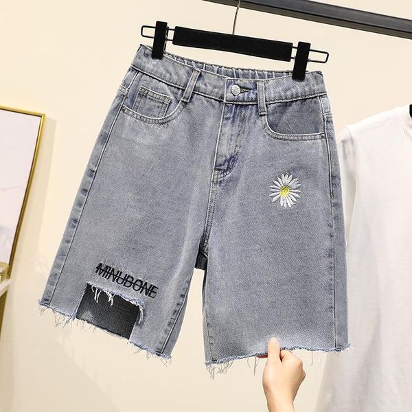 

women's jeans ripped for women embroidery straight knee length high waist plus size pencil pant 4xl 5xl, Blue