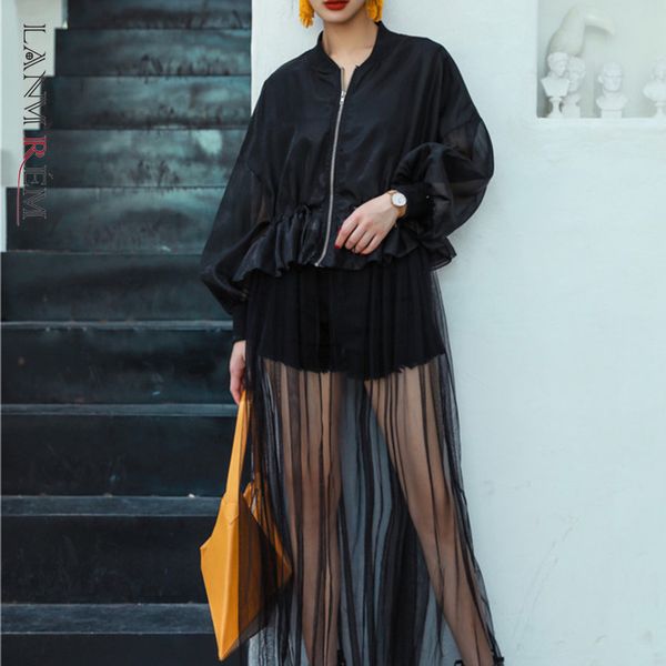 

spring autumn jacket casual fashion temperament women loose solid color stitching mesh thin coat tc603 210507, Black;brown