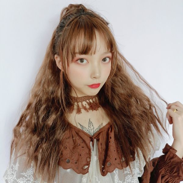 

women's wig gripping long curly net red fluffy corn perm natural wool roll high ponytail, Black;brown