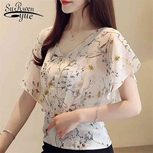 

blusas plus size women and blouses short sleeve shirt v-neck ruffles print chiffon blouse ladies shirts 4596 210421, White
