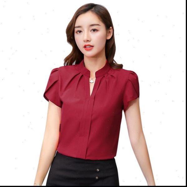 

chiffon blusas femininas short women blouses petal sleeve v neck elegant ladies formal office blouse, White