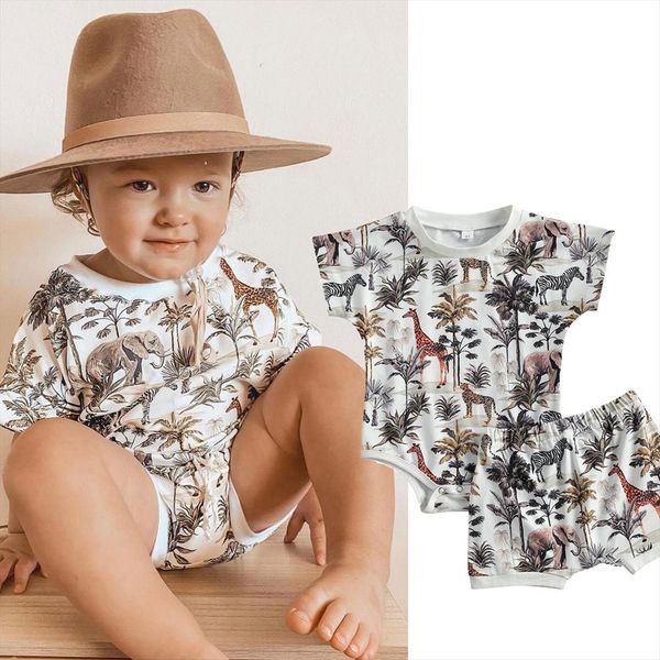 

kids baby 2 piece outfit set short sleeve forest animal print bodysuit shorts for children boys 6m 3y, White
