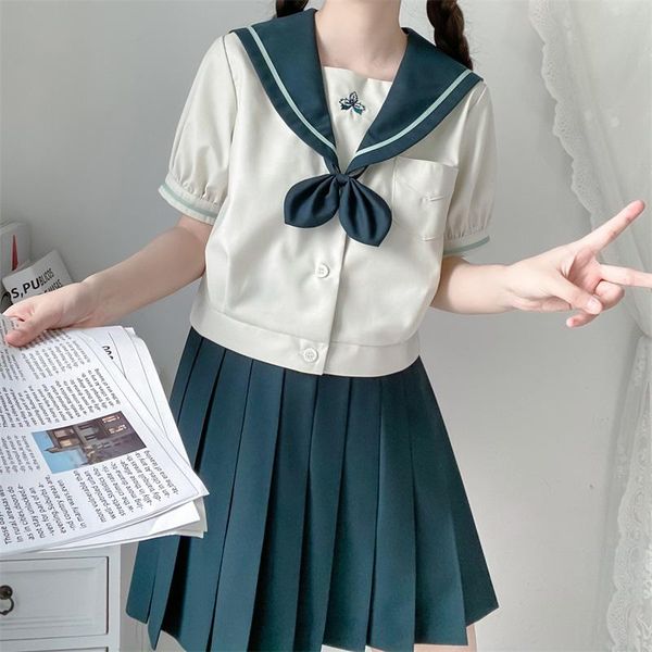 

clothing sets [xing chuan] summer short sleeves navy sailor suit with leaf embroidery women cute jk high school uniform class students cloth, White