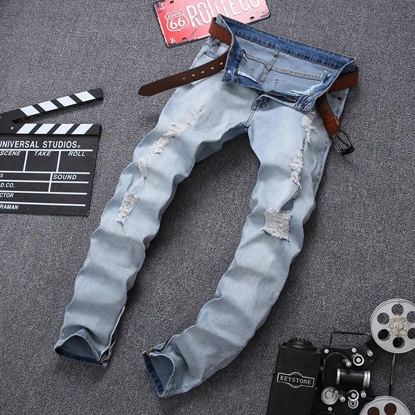 

men's jeans wear quick sell through with holes foreign trade zipper trouser legs nostalgic amazon pants, Blue