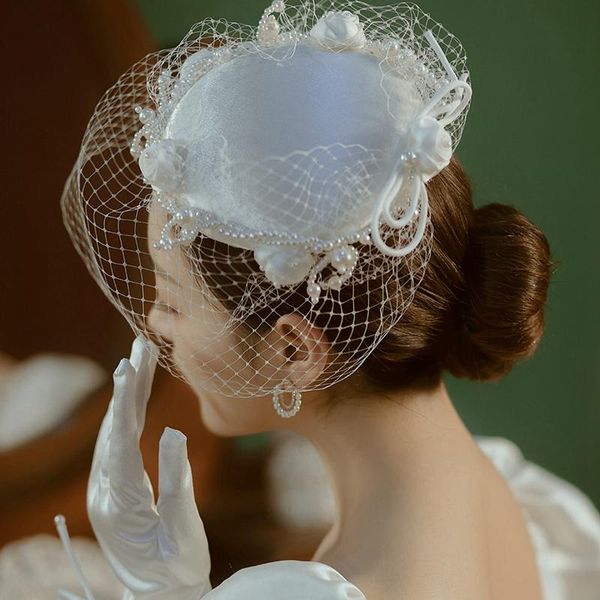 

headpieces 2021 fashion elegant wedding hat white pearls with net french formal occasions lady headpiece chapeau de mariÃ©e, Silver