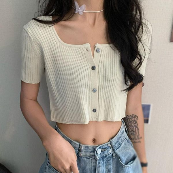 

women's t-shirt t-shirts fashion square collar button section knitted short-sleeved cardigan mujer, White