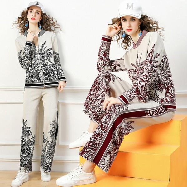 

women's two piece pants 2021 autumn winter fashion women commuter knitted cardigan long sleeve sweater coat +fashion wide-leg two-piece, White