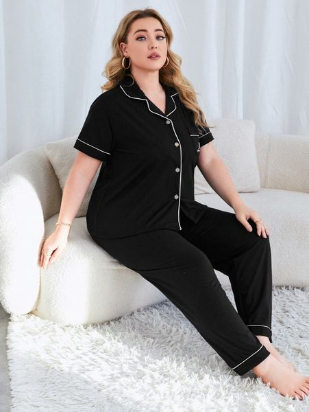 

plus slogan & leaf embroidery contrast piping pj set g5gt#, Black;white