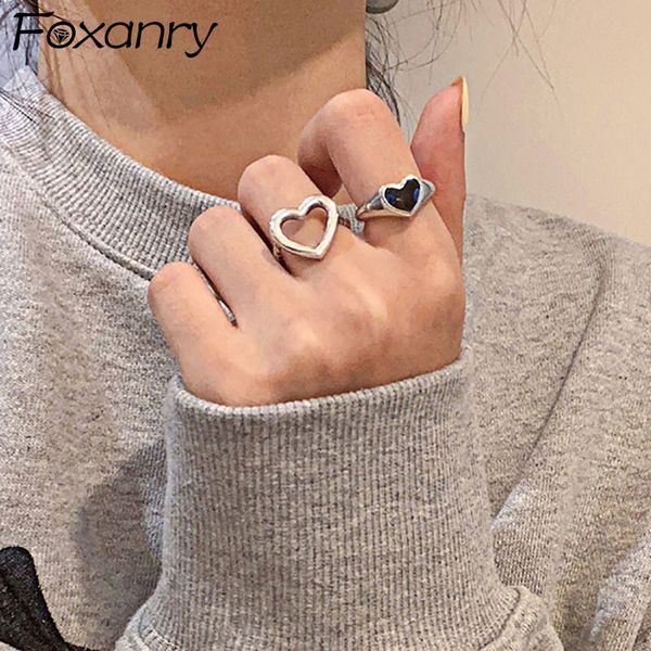 Foxanry Minimalistischen 925 Sterling Silber Finger Ringe für Frauen Mode Kreative Hohl LIEBE Herz Elegante Partei Schmuck Geschenke Y0426