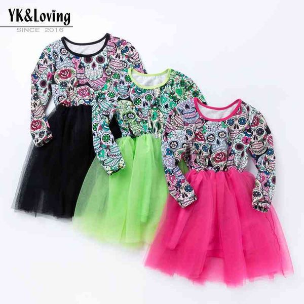

halloween children's dress printed skull princess girl's long sleeve foreign style waist net skirt, Red;yellow