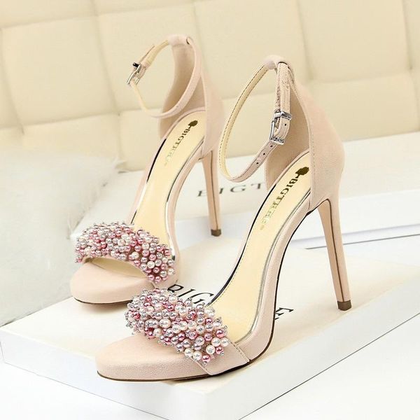 

fashion women's sandals summer suede pearl buckle high heel solid club party women dress shoes, Black