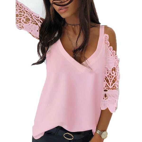 

neck long sleeve lace stitching loose t shirt summer large size fashion street hipster hollow out black tshirt ladies tee women's t-shi, White