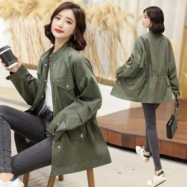 

women's trench coats 2021 spring and autumn fashion solid color windbreaker coat, Tan;black