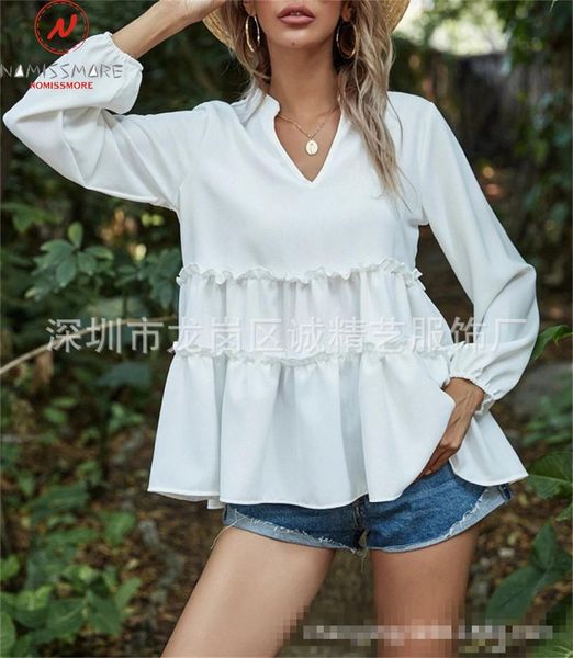 

women's blouses & shirts fashion women solid color blouse patchwork design ruffles decor v-neck long sleeve spring autumn casual loose, White