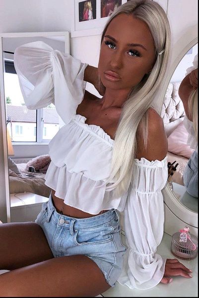 

off shoulder flare womens shirts long sleeve slash neck crop fashion summer ladies solid bare midriff nbsp, White