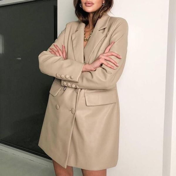 

women's & floy fashion notched pu leather blazers elegant mid length double breasted jacket women casual loose solid suits ladies, White;black